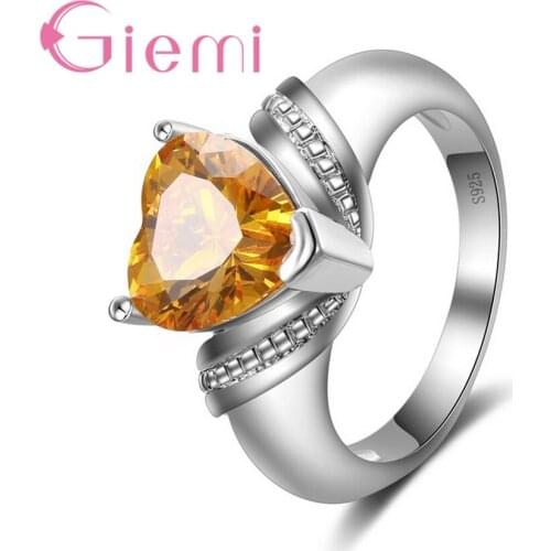 Exquisite Yellow Crystal Jewelry Wedding Engagement Loving Heart Ring Accessories 925 Sterling Silver Women Anel For Party