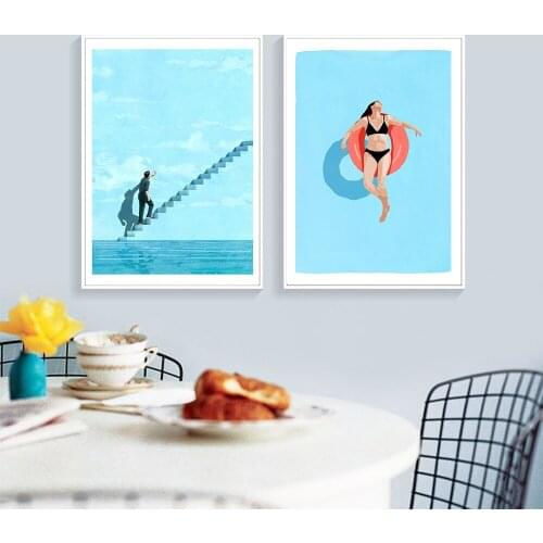 Nordic Blue Style Swimming Pool Art Canvas Painting Dream Ladder Posters And Prints Wall Pictures For Living Room Home Decor