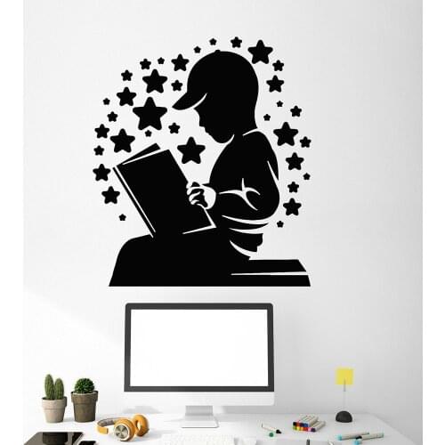 Books With Boys Vinyl Wall Decal Boy Reading Book Kids Room Childrens Library Window Office Room Decration Home Decor M334