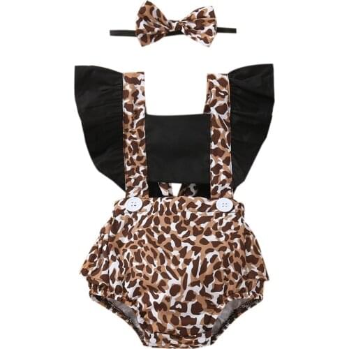 Infant Stitching Romper + Bow Headband, Leopard Print with Adjustable Shoulder Strap Summer Clothing