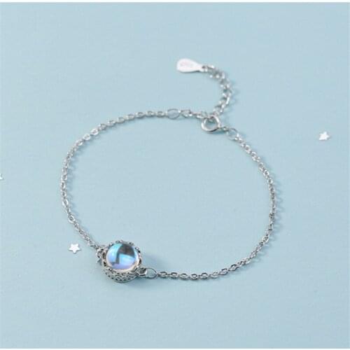 925 Sterling Silver Link Chain Moonstone Bead Charm Bracelet & Bangle For Women Wedding Jewelry sl259