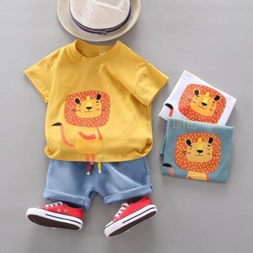New Summer Baby Boy Girls Clothing Set Children Clothes Toddler Boy Cartoon Lion T-Shirt+Denim Shorts Cotton Kids Sportswear