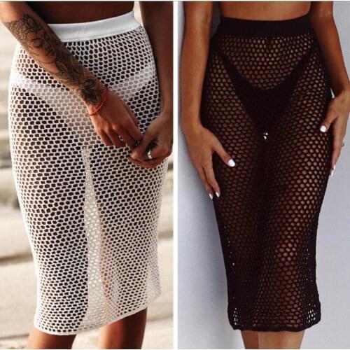 New Hot Sale Knitted Hollow Sand Beach Fishing Net Skirts Female Hand Hook Anti-Uv Beach Long Skirts White Black