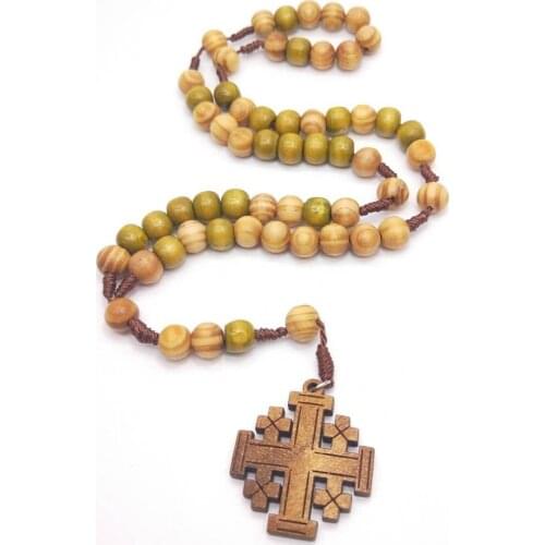 Religious Wooden Antique Cross Rosary Pendant Necklaces Jesus Saint Benedict Beaded Necklace for Men Women Jewelry Gifts collar