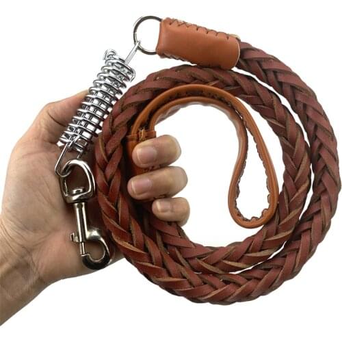Genuine cowhide leather Large dog Leashes rope Big dog weaving hauling rope Shock resistant spring Traction belt for walk Collar