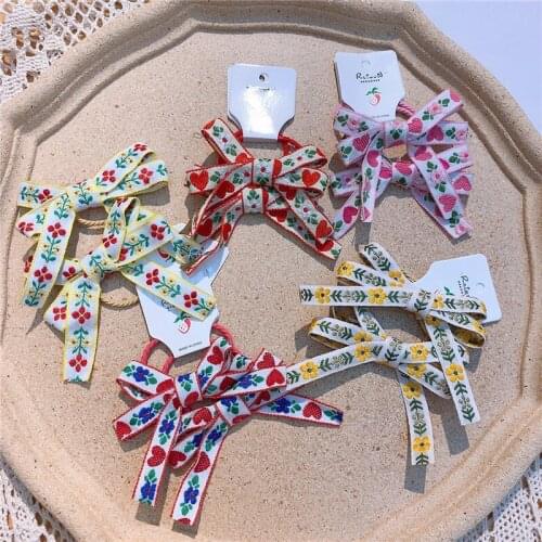 2021 New Fashion Girl Childrens Ponytail Hair Accessories Korea Vintage Simple Embroidery Flower Love Bow Rubber Band Hair Rope