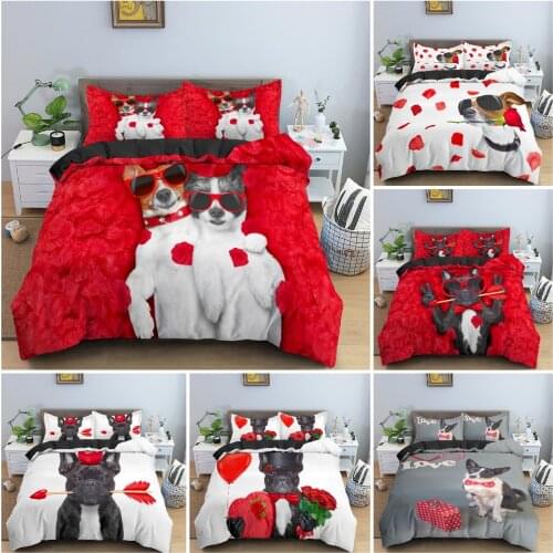 Romantic French Bulldog Dog Pattern Duvet Cover King Bedding Set Roses Background Quilt Cover For Valentines Present Bedclothes