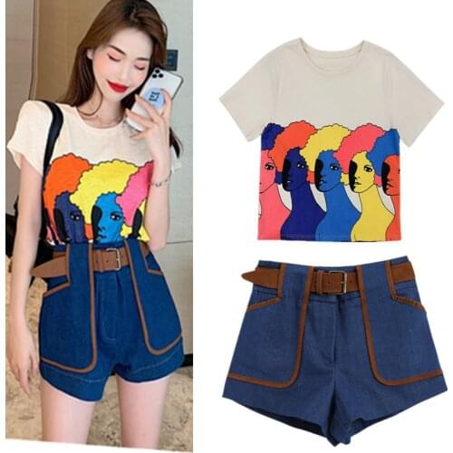 With Belt Beautiful Women Summer Shorts Suit Colorful Cartoon Print Tees Tops Blouse and Thin Denim Harem Short Pants Suit NS976