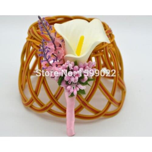 Prom Groomsman Boutonniere Corsage Flowers Calla Lily Buttonhole Flower for Pink Country Wedding Father of Bride Groom Accessory