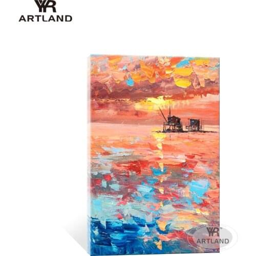YYR-ARTLAND Beautiful picture 100% Hand painted oil painting on canvas sunset boat on the sea landscape for living room unframed