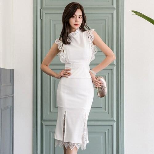 Fashion summer sets for women new arrival korean style simple sexy lace hollow out elegant slim white OL lady two-piece sets