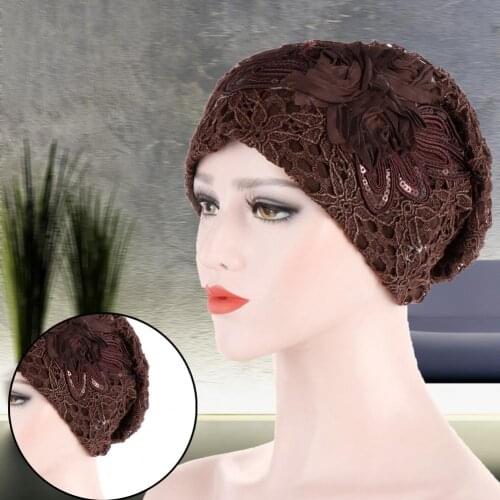 2021 Ladies Hats Lace Crochet Flower Design Elasticity Women Ruffle Brim Beanie Chemo Hat casquette femme женская летняя кепка