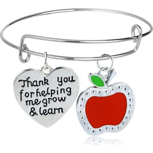 12PC Thank You For Helping Me Grow And Learn Bangles Red Apple Heart Pendant Charm Bracelets Thanksgiving Teachers Gifts Jewelry