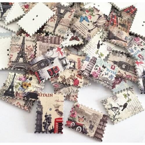 30 PCS vintage postcards DIY wooden painted tower style postcards wooden buttons Scrapbook accessories