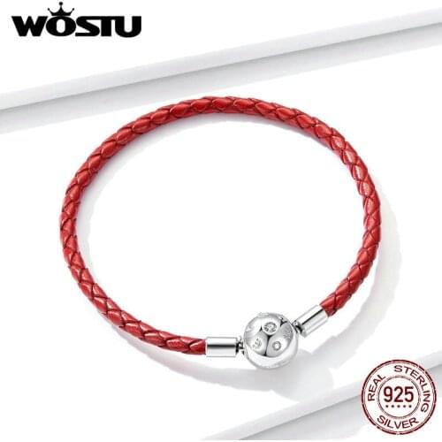 Wostu 925 Sterling Silver Lucky Bracelets Red Leather Rope S925 With Charms CZ PU Leather Chain For Women Jewelry Gift FNB042