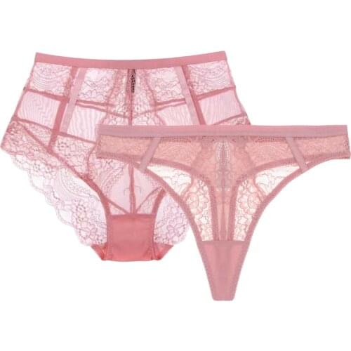 Flower lace high quality high waist panties thong breathable hollow S-XXL red black pink briefs + thong 2 piece/pack CYHWR