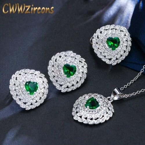 CWWZircons Super High Quality Love Heart Necklace Ring Earrings CZ Green Crystal Stone Fashion Jewelry Sets for Women Gift T005