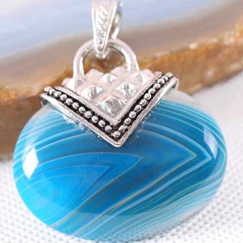 Women Jewelry Gift Natural Stone 40MM Cabochon Oval Bead Blue Veins Onyx Pendant for Necklace 1Pcs K1164