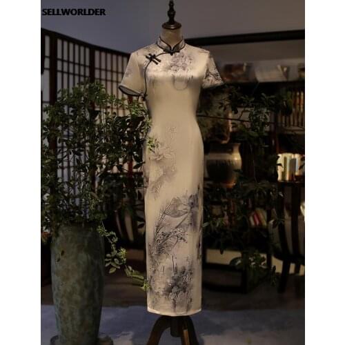 Elegant Woman Chinese style improved daily Cheongsam Lotus Print Dress