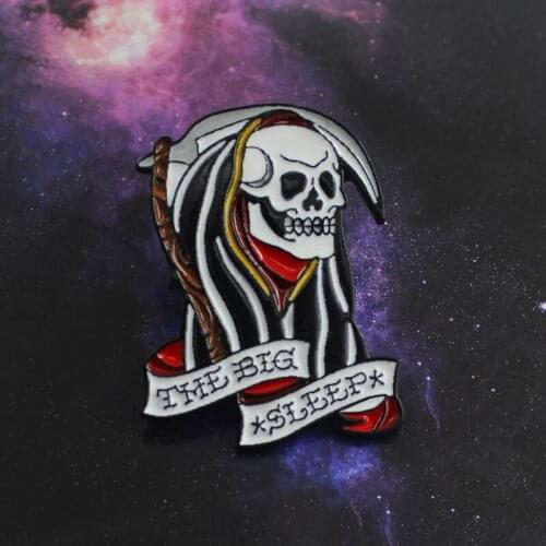 Dark Evil Skeleton Brooch Death Cloak Ghost THE BEG SLEEP Skull Enamel Pin Denim Shirt Coat Punk Badge Halloween Party Jewelry