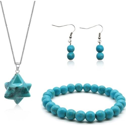 15 Colors Hexagram Stone Pendant Opal lapis Turquoises Necklace Jewelry Set Natural Stone Necklace Bracelet Earrings Set GS023