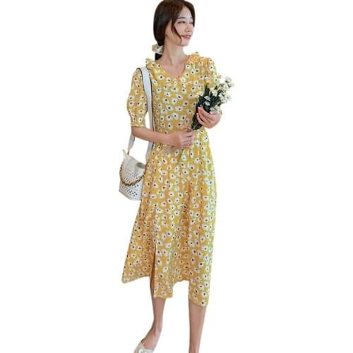 Summer Floral Dress Korean Style Loose V Neck Mid-calf Short Sleeve Split Ladies Vestidos