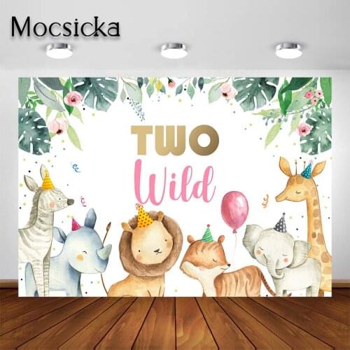 Mocsicka Two Wild Birthday Party Backdrop for Girl Jungle Safari Animals 2nd Birthday Photography Background Party Decoration