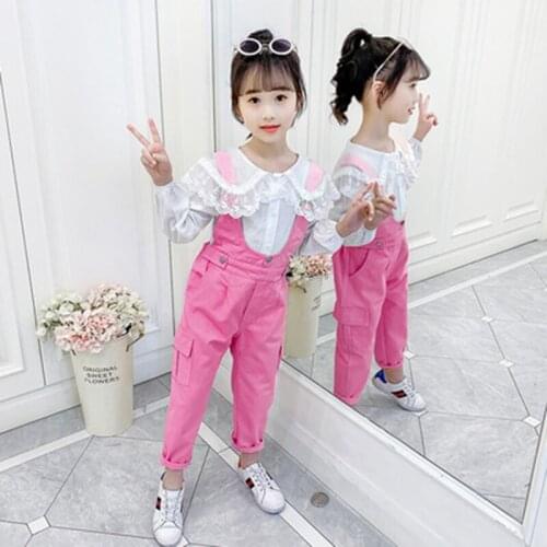 Girls Spring Autumn Fashion Clothing Suit Children O-Neck Lace Top + Pants Two-piece Korean Teenage Kids Clothes Suit