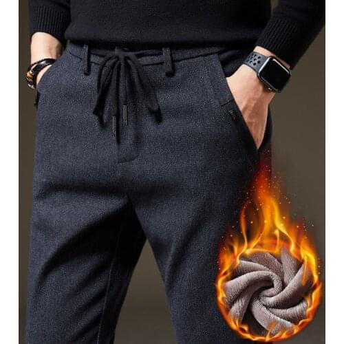 2020 Winter New Mens Warm Casual Pants Fashion Brushed Fabric Thick Fleece Brand Slim Office Pants Male Navy Black 38
