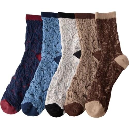 New Women Socks Retro Knitting Mesh Jacquard Pure Cotton Breathable Street Style Harajuku Bouncy Middle Tube Winter Wearable