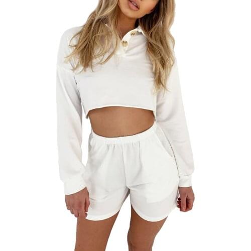 New Arrival Womens Clothing Set Casual Long Sleeve Lapel Top and Shorts Two-piece Suit for Vacation Travelling Sports