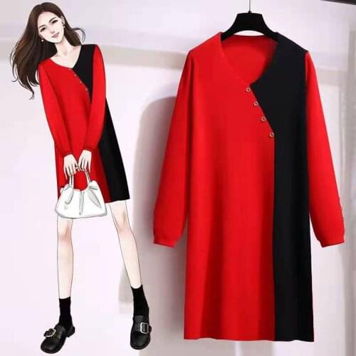 EHQAXIN Autumn Winter Womens Knitted Dress Casual Contrast Color Stitching Irregular Fashion Loose Long Sweater Dress Lady S-2XL