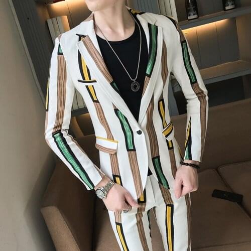 Autumn Fashion Slim Fit With Pant Prom Skinny Stripe Party Suits Floral Mens Stage Clothing Costume Homme