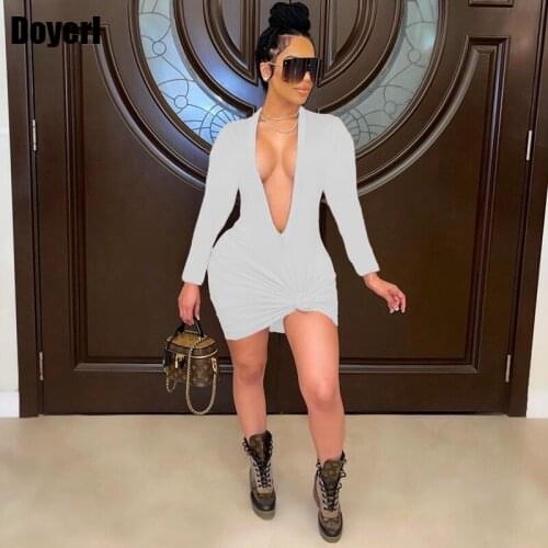 Deep V Neck Sexy Long Sleeve Dresses for Women 2021 Party Club Outfits Black White Stretchy Skinny Mini Bodycon Dress Vestidos