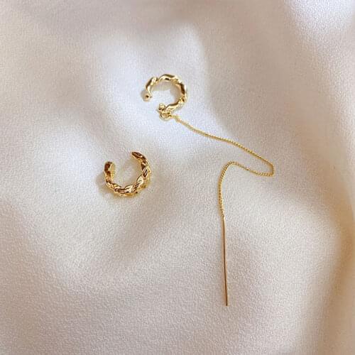 SRCOI Vintage Asymmetric Long Line Earrings Retro Minimalist Exquisite Gold Color Ear Bone Clip Earrings Women Jewelry Sister