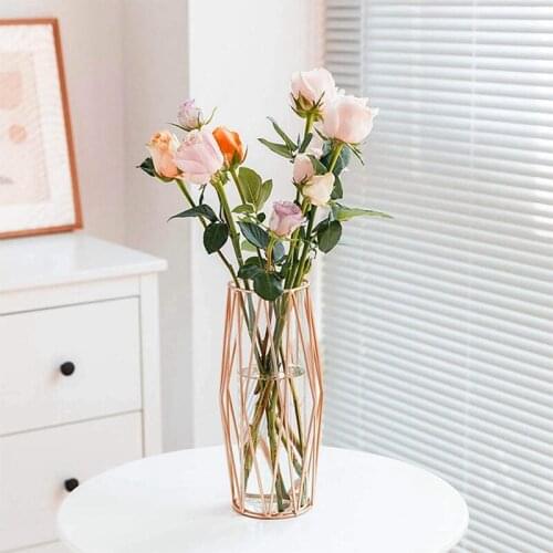 Glass Flower Vase with Geometric Metal Holder,Rose Gold Metal Holder Vase,Flower Vase Bouquet for Living Room/Wedding