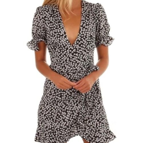 Women Dresses Summer 2021 Sexy V Neck Floral Print Boho Beach Dress Ruffle Short Sleeve A Line Mini Dress Wrap Sundress Robe