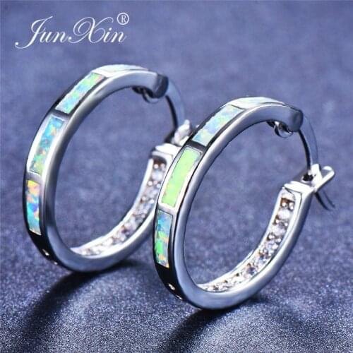 JUNXIN Mystical White/Orange/Blue Fire Opal Hoop Earrings For Women Silver Color Round Circle Hook Earrings Female