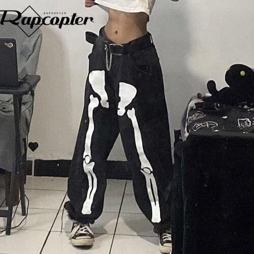Rapcopter Printed Black Jeans Vintage Gothic Hot Denim Pants Pockets Skull Pockets Zipper Trousers Women Streetwear Popular Jean