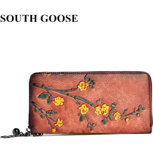 SOUTH GOOSE Genuine Leather Women Wallet Female Long Clutch Wallets Flower Embossing Money Bag Coin Purse Lady Handy Card Holder