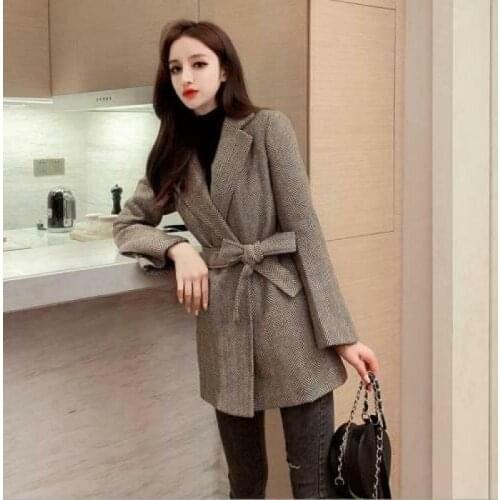 Womens 2020 Fashion Herringbone Lapel Belt Wool Blend OL Short Coat Outfit H608