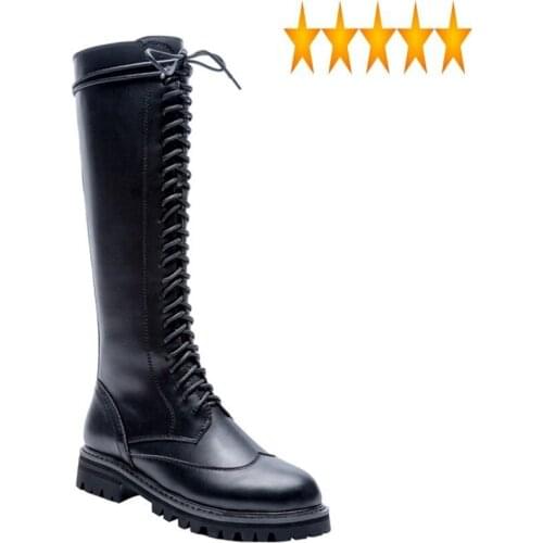 Leather Cross Tied Genuine Autumn Winter Black High Fashion Side Zipper Round Toe Thick Bottom Female Knight Boots