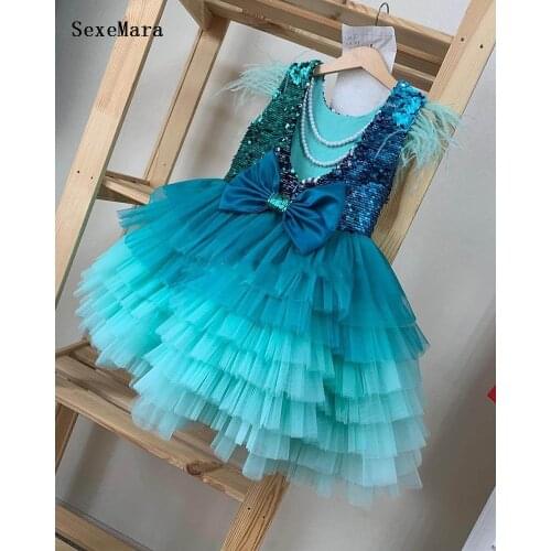 Kids Cloth Baby Girls Sequined Top Tutu Dress Girls Blue Toddler Princess Party Patchwork First Birthday Dresses for Girls