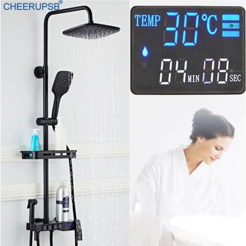 Shower Sets Bathroom LED Light Black Rainfall System LCD Creen Display Full Shower Kit Wall Massage Rain Thermostatic Mixer Tap