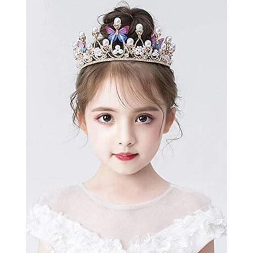 Girls Elegant Crystal Pearl Princess Costume Crown Headband Flower Competition Bridal Wedding Hair Accessories Prom Accessory