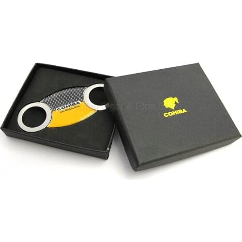 COHIBA Elegant Stainless Steel Cigar Cutter Sharp Blade Zigarren Cutter Yellow Cigar Knife Guillotina W/Gift Box Smoking Gadget