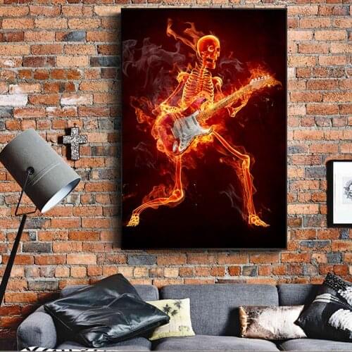 Skull Canvas Painting Fire Soul Music Dancer Poster Guitar Skeleton Print DJ Three Chords of Chaos Prints Wall Art Picture Decor