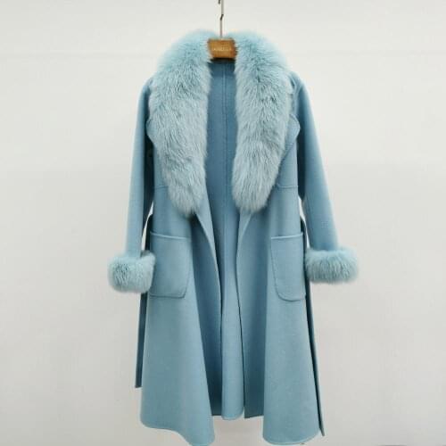 Cashmere Winter Coat Detachable Natural Fox Fur Collar Fluffy Soft Casual Cardigan Women Wool Jacket