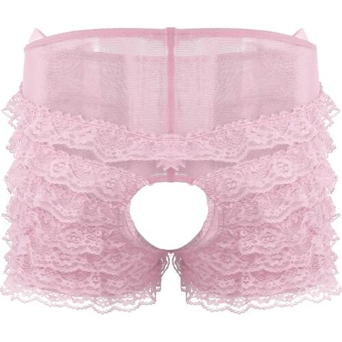 IEFiEL Male Gay Mens Sissy Floral Lace Lingerie Mid Rise Open Crotch Super Frilly Ruffled Layered Lace Briefs Underwear Panties