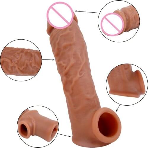 New Realistic Penis Enlargement Condom Reusable Liquid Silicone Penis Sleeve Cock Enlarger Delay Enhancer Adult Sex Toy for Men